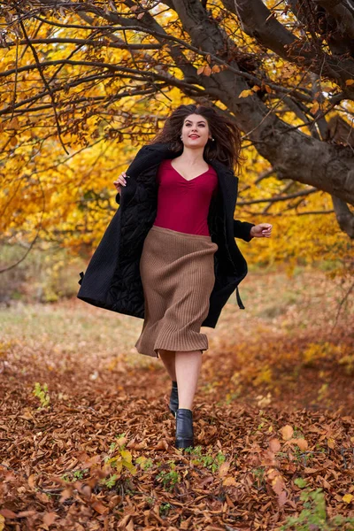 Portret Van Een Mooie Spaanse Jonge Vrouw Een Herfstbos — Stockfoto