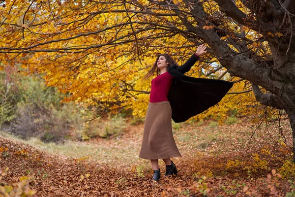 一个美丽的西班牙裔年轻女子在秋天的森林里的画像 — 图库照片