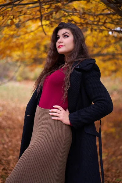 Portret Van Een Mooie Spaanse Jonge Vrouw Een Herfstbos — Stockfoto