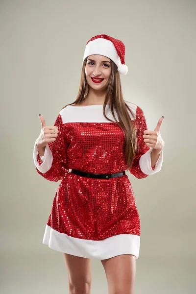 Bella Giovane Donna Come Santa Helper Costume Rosso — Foto Stock