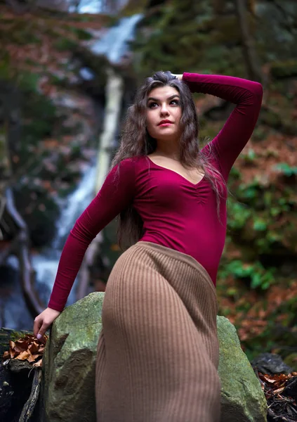Portrait Gorgeous Latin Young Woman Waterfall — Stock Photo, Image