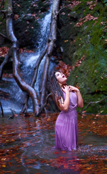 Beautiful Young Hispanic Woman Pond Waterfall — Stock Photo, Image