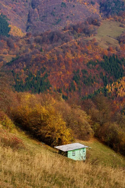 Paisagem Com Celeiro Nas Montanhas Coberto Florestas Coloridas — Fotografia de Stock