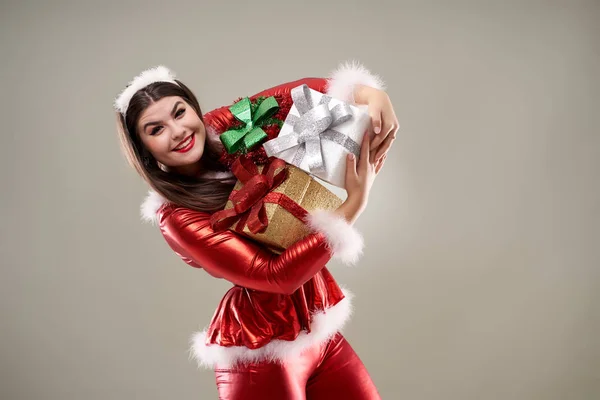 Beautiful Young Santa Girl Presents Give — Stock Photo, Image