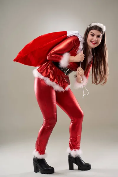 Full Length Santa Girl Sack Full Presents — Stock Photo, Image