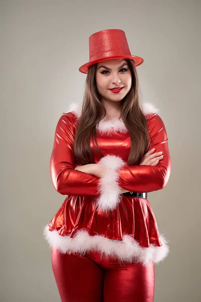 Primo Piano Una Bella Ragazza Babbo Natale Aiutante Costume Rosso — Foto Stock