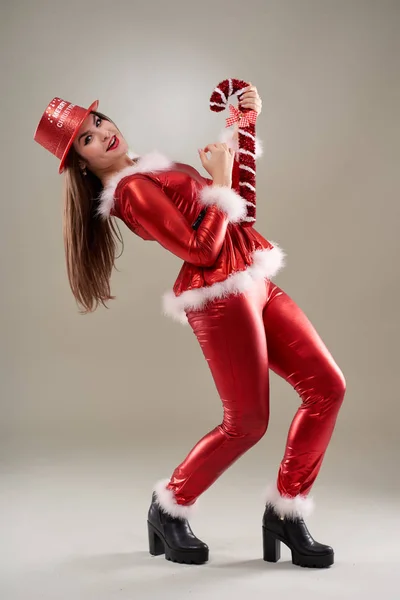 Beautiful Santa Woman Red Costume Gray Background — ストック写真