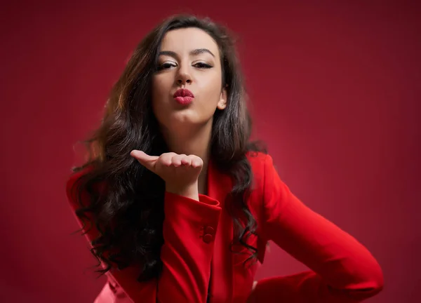 Closeup Attractive Young Businesswoman Blowing Kisses — Stock Photo, Image