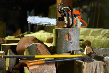 Elektrikli testere, baltalar, tokmak, gece kesilmiş kereste kütüklerinin takozları.