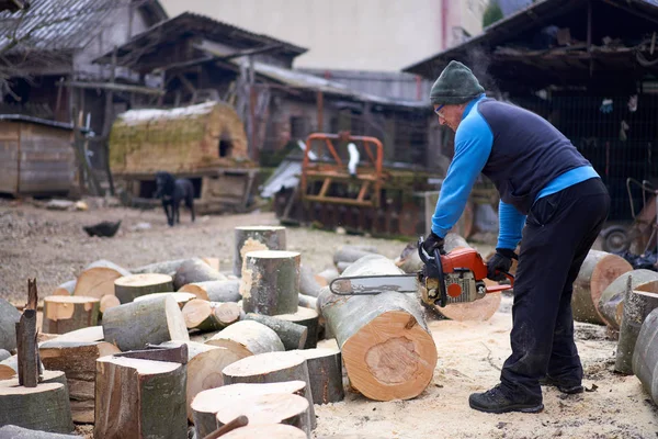 Madera Aserrada Trabajando Troncos Haya Con Motosierra — Foto de Stock