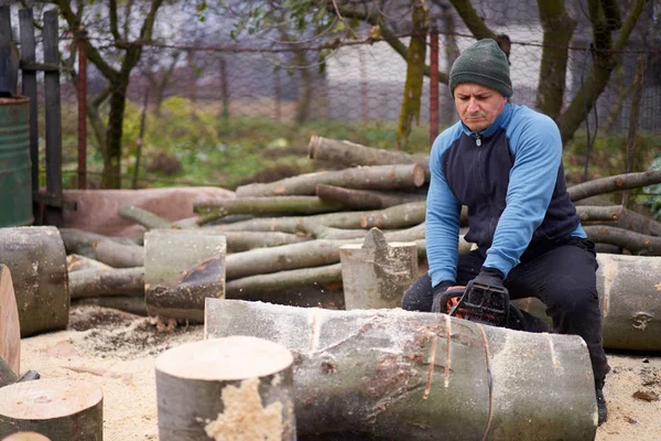 Lumberjack Trabalhando Toras Faia Com Motosserra — Fotografia de Stock