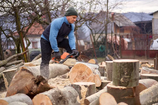Lumberjack Trabalhando Toras Faia Com Motosserra — Fotografia de Stock