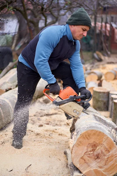 Bûcheron Travaillant Sur Grumes Hêtre Avec Tronçonneuse — Photo