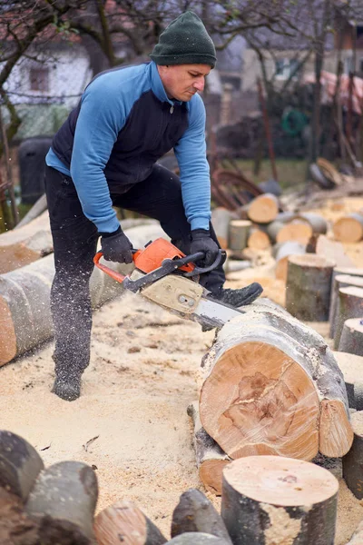 Madera Aserrada Trabajando Troncos Haya Con Motosierra — Foto de Stock