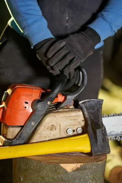 Handen Gereedschappen Van Houthakkers Een Boomstam — Stockfoto