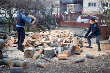 Baba ve oğul odunları balta ve pençe ile kırıyorlar.