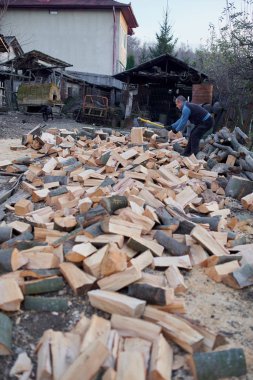 Kırsal adam arka bahçesinde balta ve pençe ile odun kırıyor.