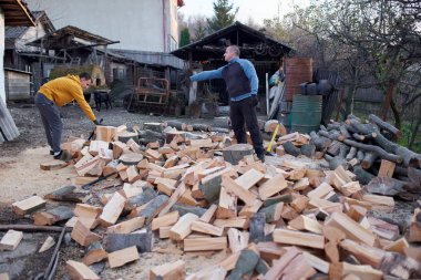 Baba ve oğul odunları balta ve pençe ile kırıyorlar.