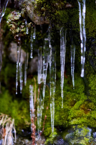 Beautifully Shaped Icicles Mountain Frozen Waterfall — 스톡 사진