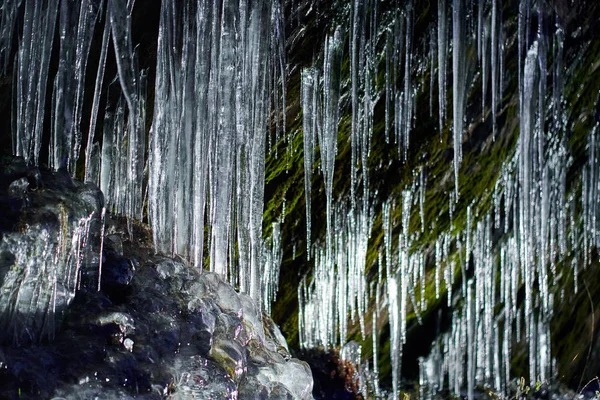 Beautifully Shaped Icicles Mountain Frozen Waterfall — 스톡 사진