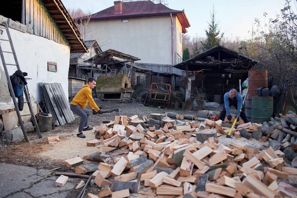 Apa Fia Fát Hasít Fejszével Kukoricával — Stock Fotó