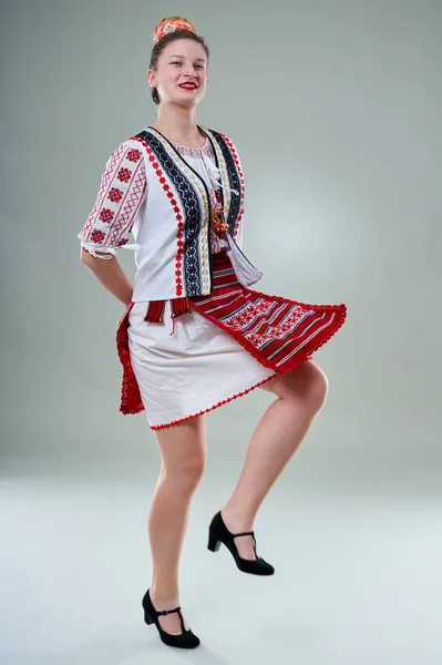 Young Romanian Woman Popular Costume Dancing Traditional Music — 스톡 사진