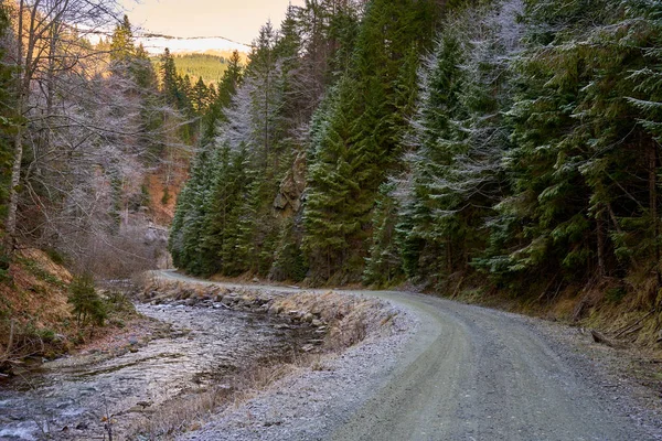 Empty Gravel Road Mountains Winter Time — Stock Photo, Image