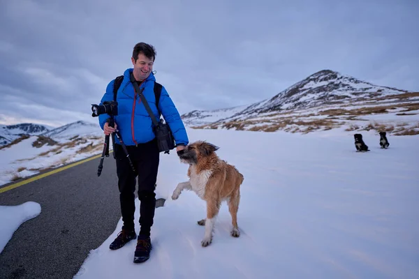 Man Zijn Hond Bergen Sneeuw — Stockfoto