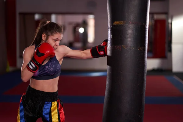 Young Woman Boxer Training Heavy Bag — 图库照片