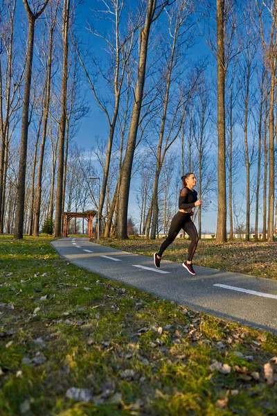 Parkta Koşan Eşofmanlı Atletik Bir Kadın — Stok fotoğraf