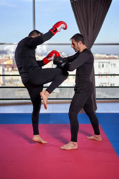 Kickboxer Bít Podložky Svým Trenérem Tělocvičně — Stock fotografie