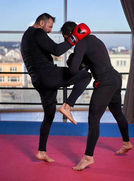Kickboxer Schlägt Mit Trainer Fitnessstudio Auf Pads Ein — Stockfoto