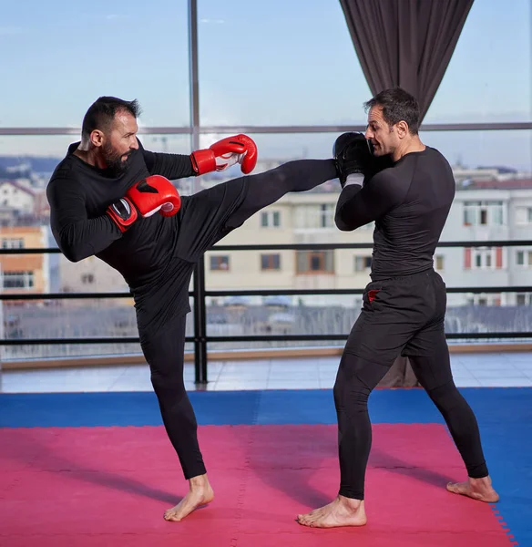 Kickboxer Golpeando Almohadillas Con Entrenador Gimnasio —  Fotos de Stock