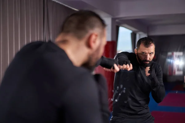 Fighter Hands Wrapped Shadow Boxing Mirror — Stock Photo, Image