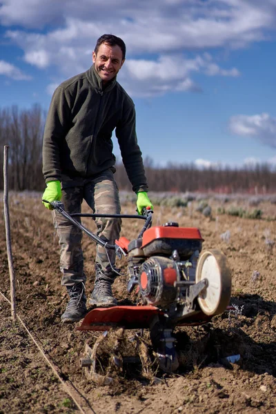 Landwirt Jätet Mit Einer Motorisierten Bodenfräse Auf Einem Lavendelfeld — Stockfoto