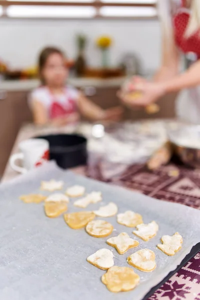 Giovane Ragazza Con Mamma Che Biscotti Pan Zenzero Casa — Foto Stock