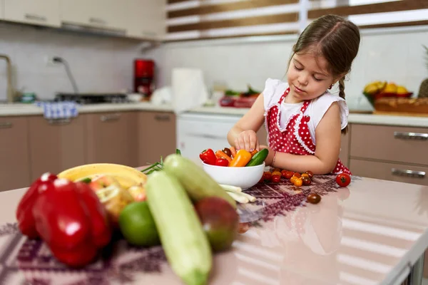 Niña Arreglando Varias Verduras Tazón — Foto de Stock