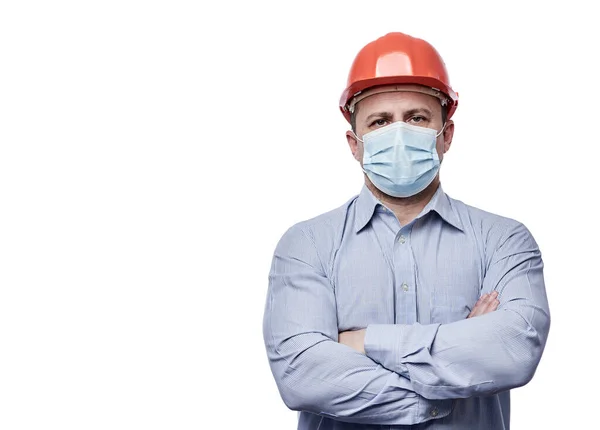 Engineer Face Mask Hard Hat Arms Folded White Background Royalty Free Stock Photos