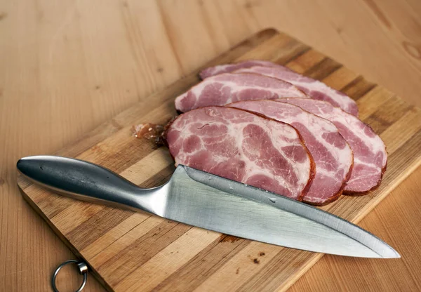 Chef Knife Pork Neck Sliced Wooden Board — Stock Photo, Image