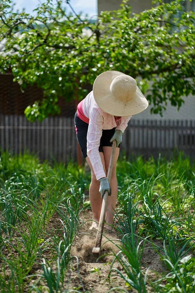 Mulher Agricultora Com Uma Enxada Trabalhando Jardim — Fotografia de Stock
