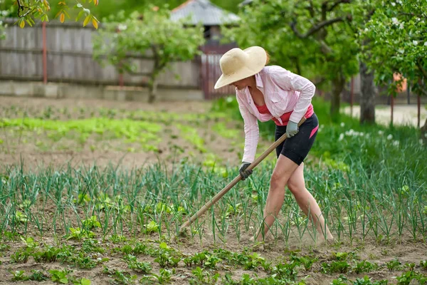 Donna Contadina Con Una Zappa Che Lavora Giardino — Foto Stock