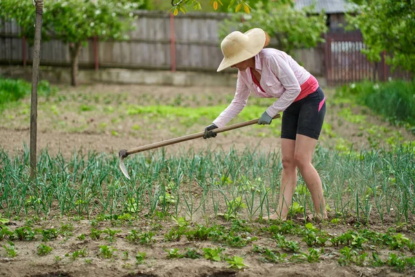 Femme Agricultrice Avec Une Houe Travaillant Dans Jardin — Photo