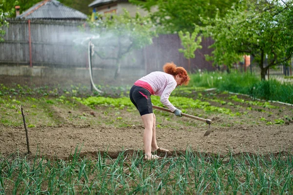 Vrouwelijke Boer Met Een Schoffel Aan Het Werk Tuin — Stockfoto