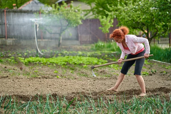 Γυναίκα Αγρότης Μια Τσάπα Που Εργάζεται Στον Κήπο — Φωτογραφία Αρχείου