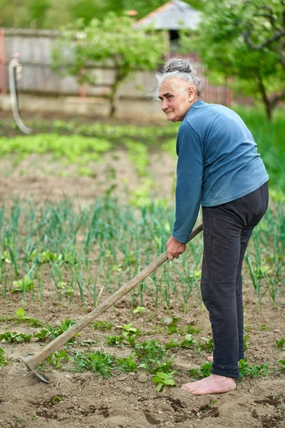 庭に靴を履いた農家の老女 — ストック写真