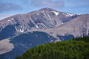 Yazın dağlarla kaplı manzara, hala kar parçaları var.