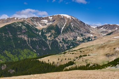 Yazın dağlarla kaplı manzara, hala kar parçaları var.