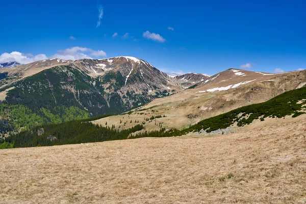 夏の山の風景は まだ雪のパッチを持っている — ストック写真