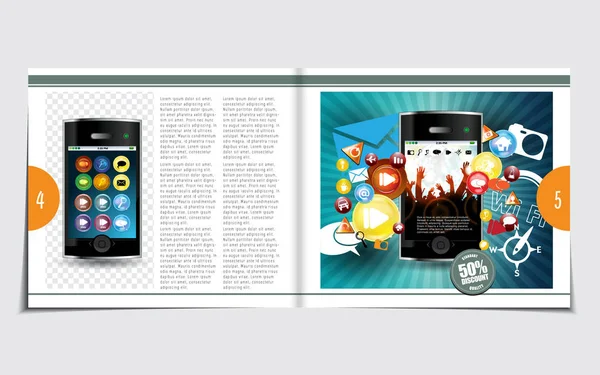 Layout magazine with business mobile apps illustration — Stock Vector