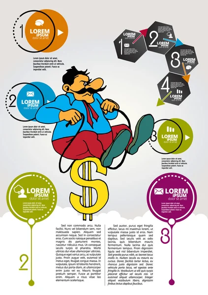 Uomo Affari Personaggio Dei Cartoni Animati Con Elementi Infografici Vettore — Vettoriale Stock